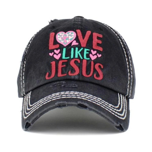 Womens Cross Love Like Jesus Pink Hearts Baseball Cap Hat in Distressed Black - Picture 1 of 2